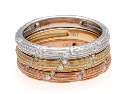 Diamond Striated Stackable Band In 14k Yellow Gold