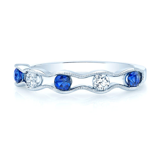 Floating Sapphire And Diamond Scallop Edge Band In 14k White Gold