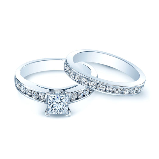 Channel Diamond Wedding Set With 1/2 Ct Princess Center In 14k White Gold
