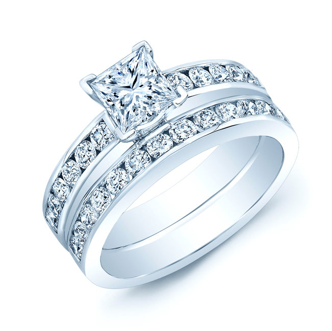 Channel Diamond Wedding Set With 1/2 Ct Princess Center In 14k White Gold