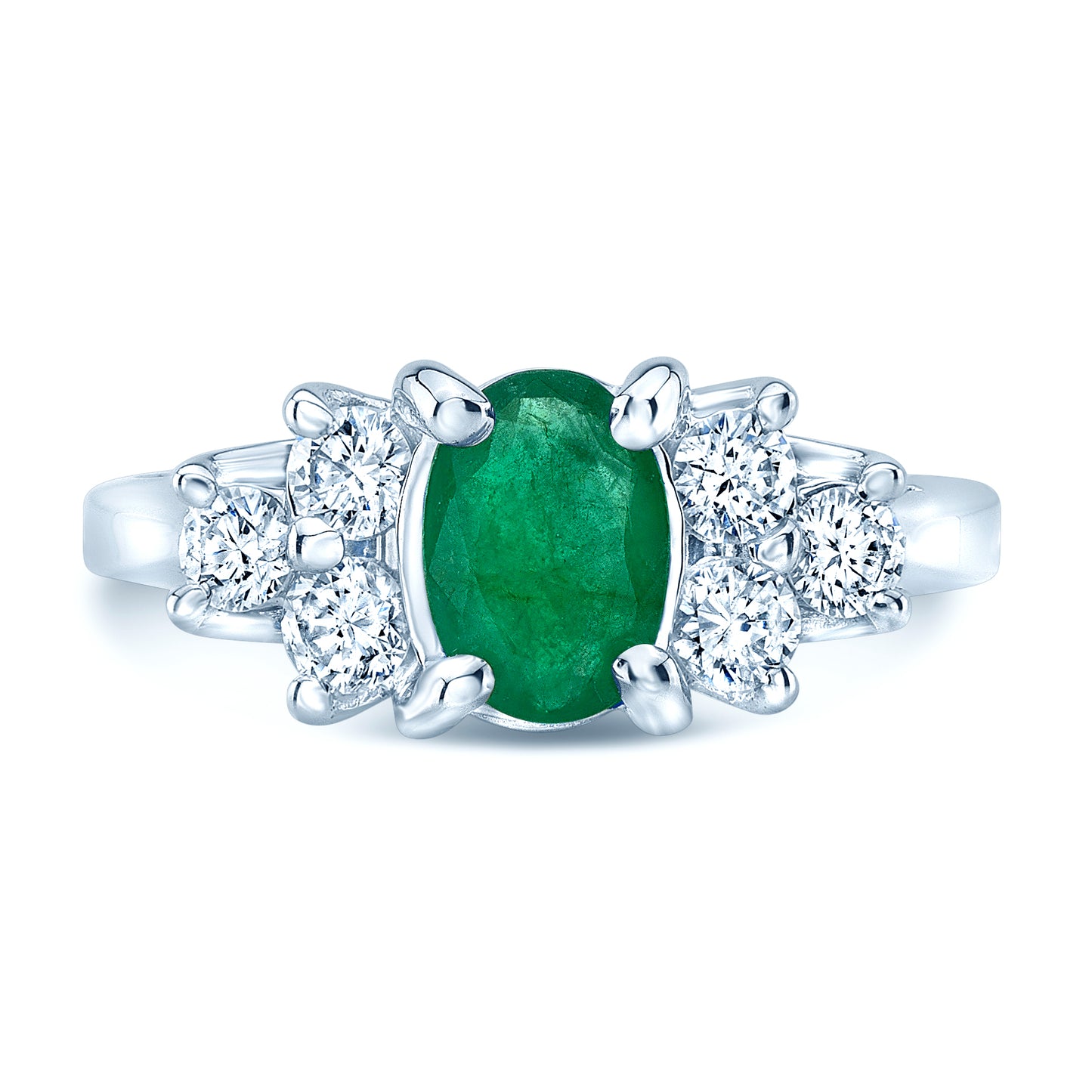 Emerald And Diamond Oval Prong Ring In 18k White Gold