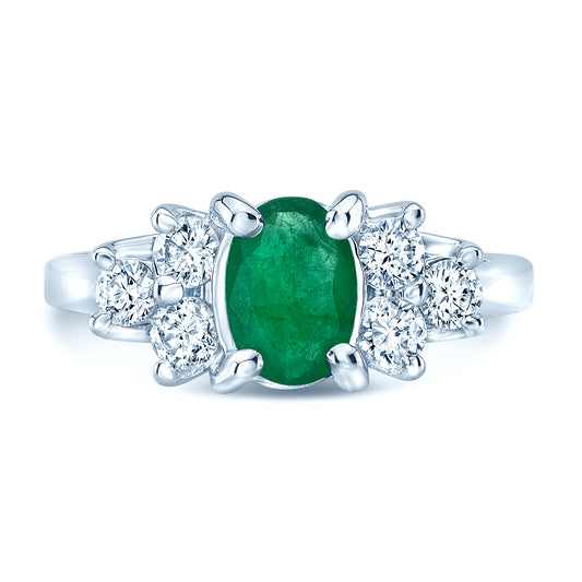 Emerald And Diamond Oval Prong Ring In 18k White Gold