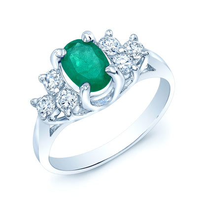 Emerald And Diamond Oval Prong Ring In 18k White Gold