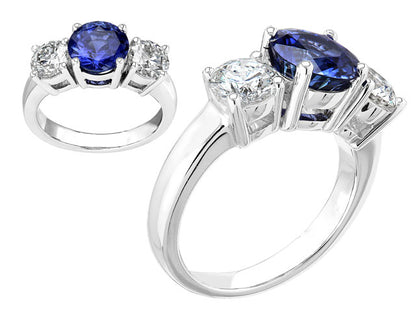 Prong Set Three Stone Round Sapphire & Diamond Engagement Ring In Platinum