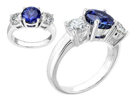 Prong Set Three Stone Round Sapphire & Diamond Engagement Ring In Platinum