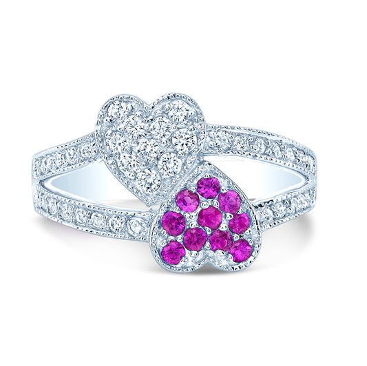 Pink Sapphire And Diamond Twin Heart Ring In 14 Karat White Gold