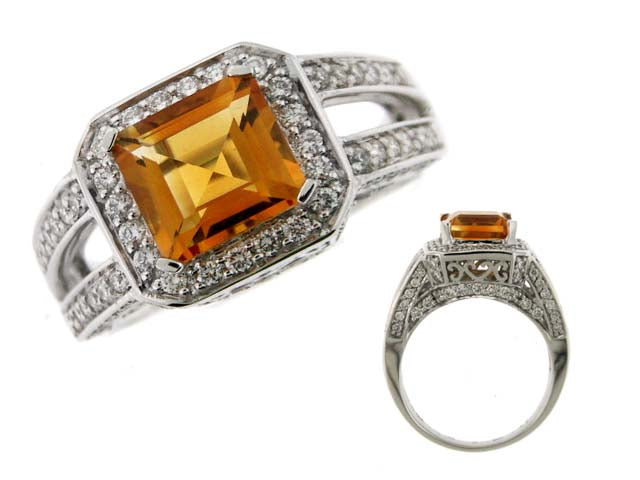 Citrine And Diamond Ring In 14k White Gold