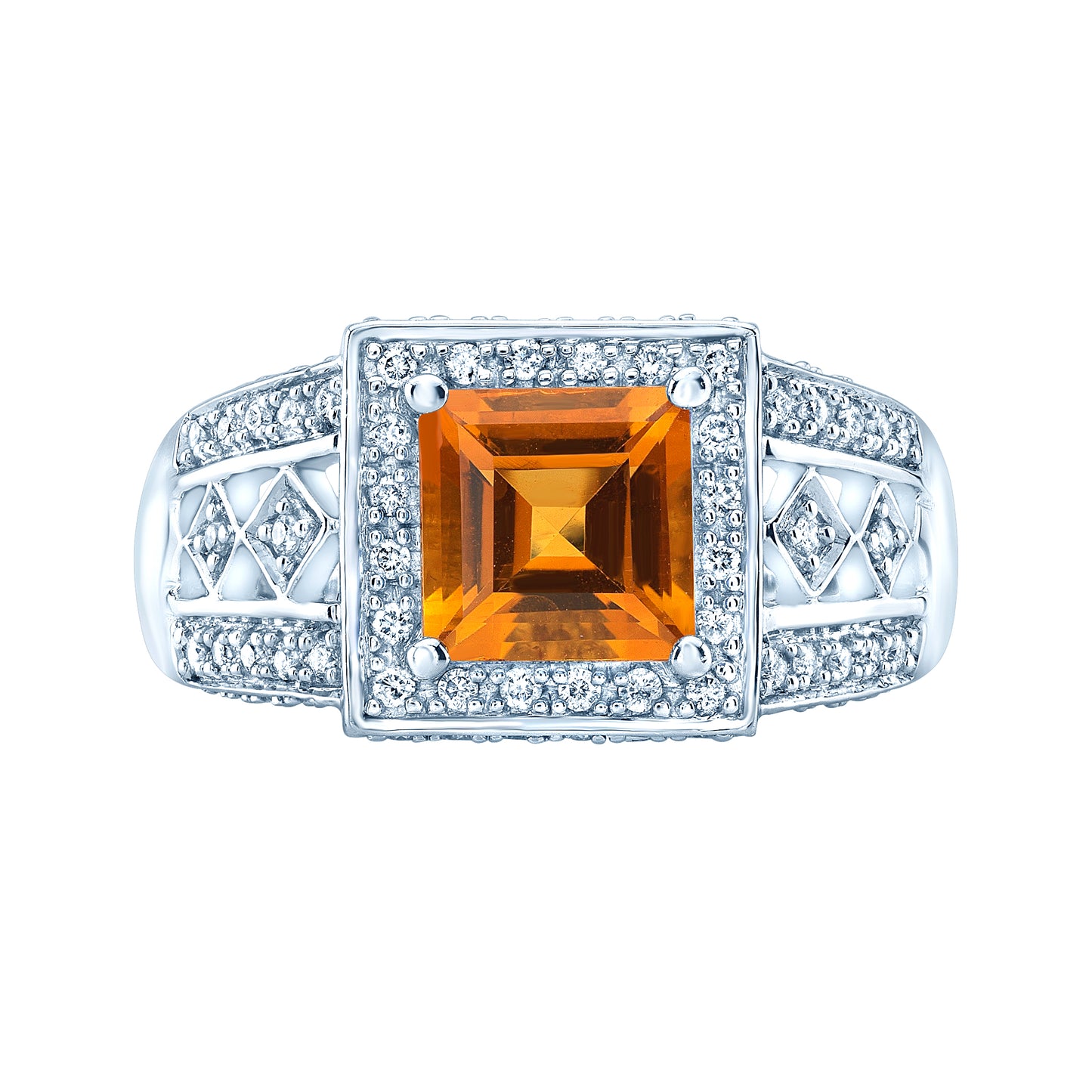 Citrine And Diamond Square Halo Ring In 14k White Gold (0.40 Ctw)