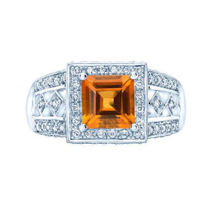 Citrine And Diamond Square Halo Ring In 14k White Gold (0.40 Ctw)