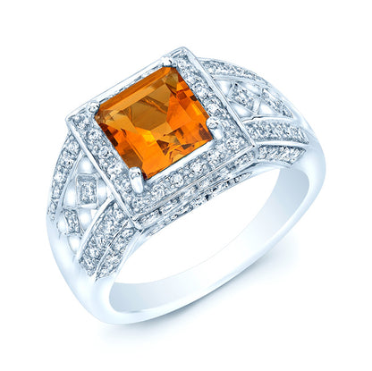 Citrine And Diamond Square Halo Ring In 14k White Gold (0.40 Ctw)