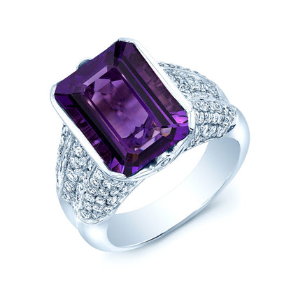 Amethyst And Diamond Semi Bezel Tulip Head Ring In 14k White Gold (0.99 Ctw)