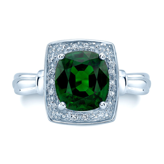 Tsavorite And Diamond Rectangle Platform Ring In 14k White Gold
