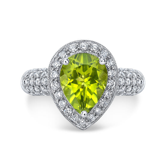 Peridot And Diamond Pear Shape Halo Ring In 18k White Gold
