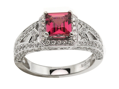 Pink Tourmaline & Diamond Pave Halo Ring In 18k White Gold