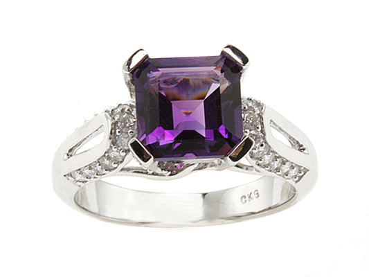 Asscher Cut Amethyst & Diamond Ring In 18k White Gold