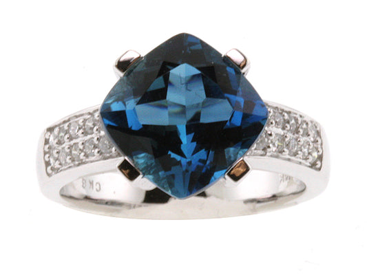 London Blue Topaz And Diamond Cushion Kite Ring In 14k White Gold 0.25ctw