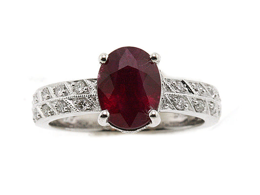 Ruby Oval And Diamond Ring 18k White Gold