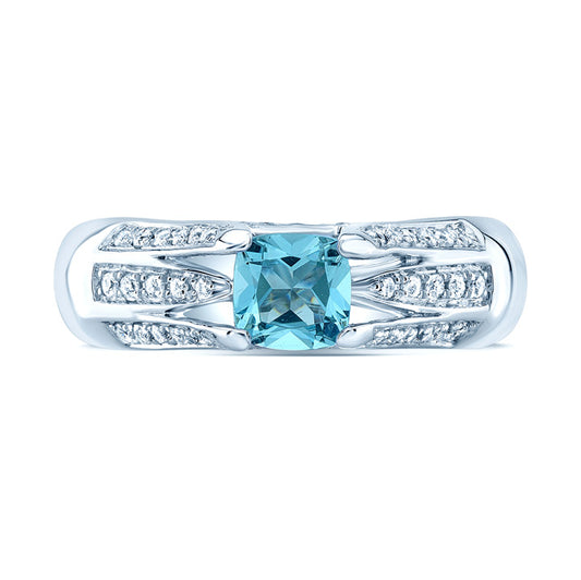 Aquamarine And Diamond Three Row Cushion Center Ring In 18k White Gold