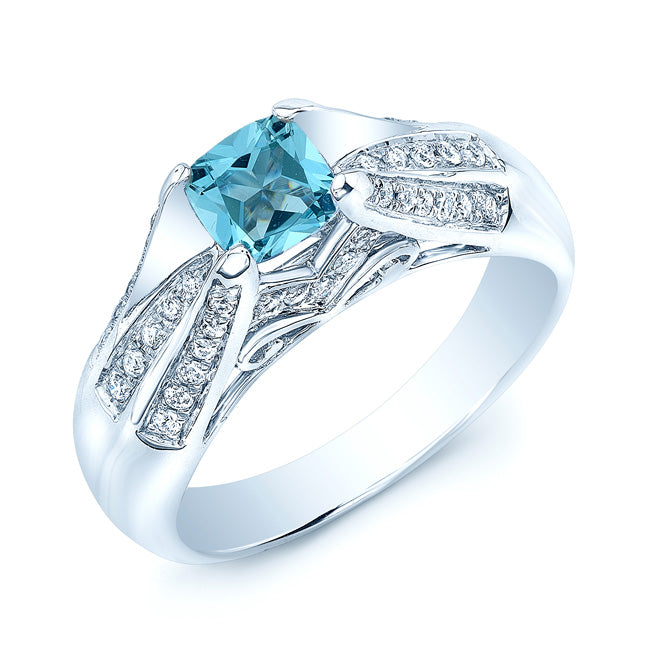 Aquamarine And Diamond Three Row Cushion Center Ring In 18k White Gold