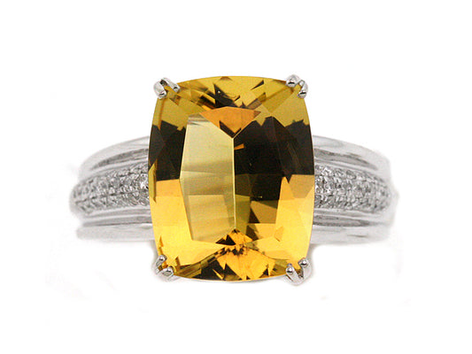 Golden Beryl And Diamond Ring In 18k White Gold