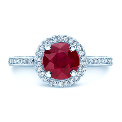 Ruby Round And Diamond Pave Ring 14k White Gold
