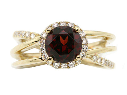 Garnet And Diamond Halo Bypass Ring In 14k Yellow Gold (sz 7.25)