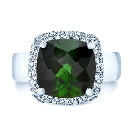 Green Tourmaline And Diamond Cushion Pave Ring In 18k White Gold (0.80ctw)