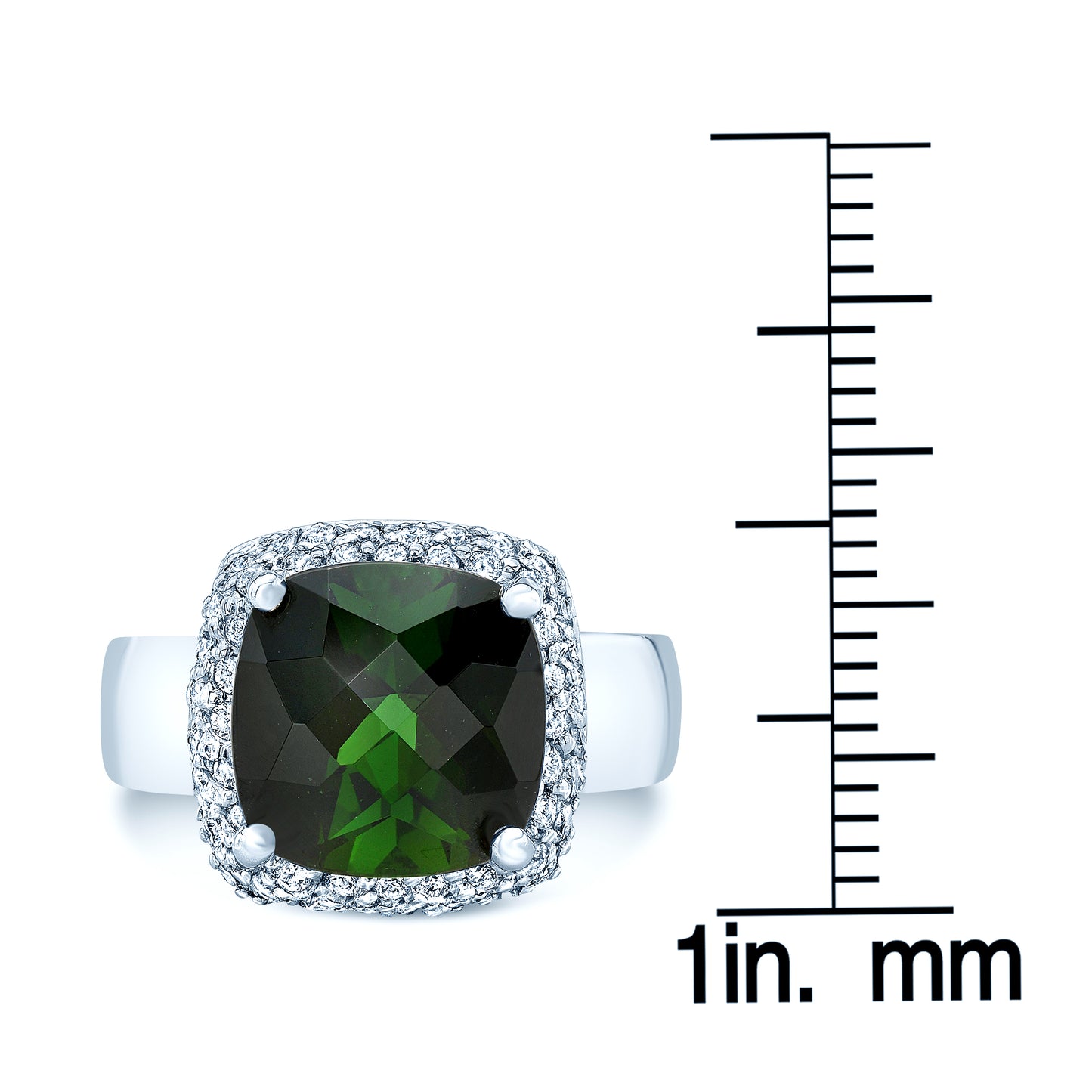 Green Tourmaline And Diamond Cushion Pave Ring In 18k White Gold (0.80ctw)