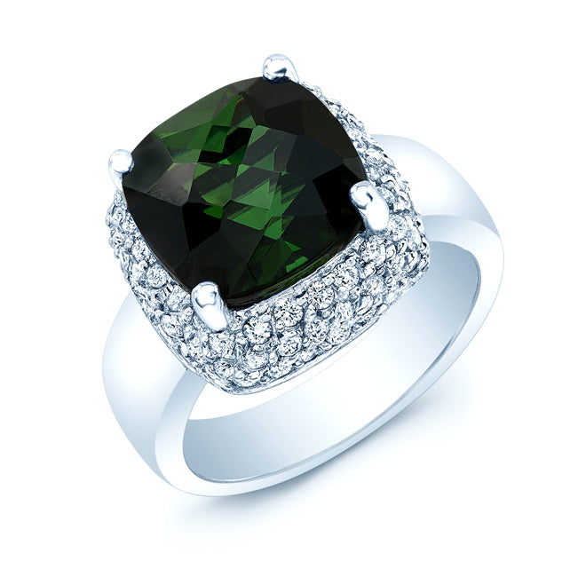 Green Tourmaline And Diamond Cushion Pave Ring In 18k White Gold (0.80ctw)