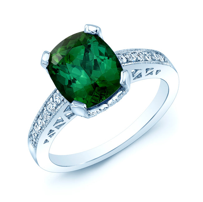 Green Tourmaline And Diamond Filigree Ring In 18k White Gold