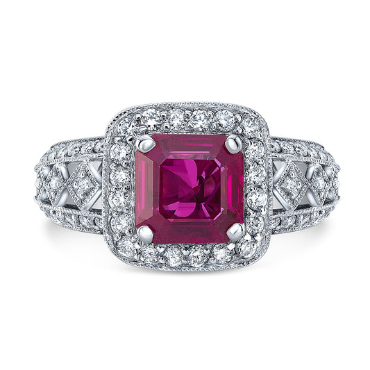 Ruby Ascher And Diamond Halo Ring 18k White Gold