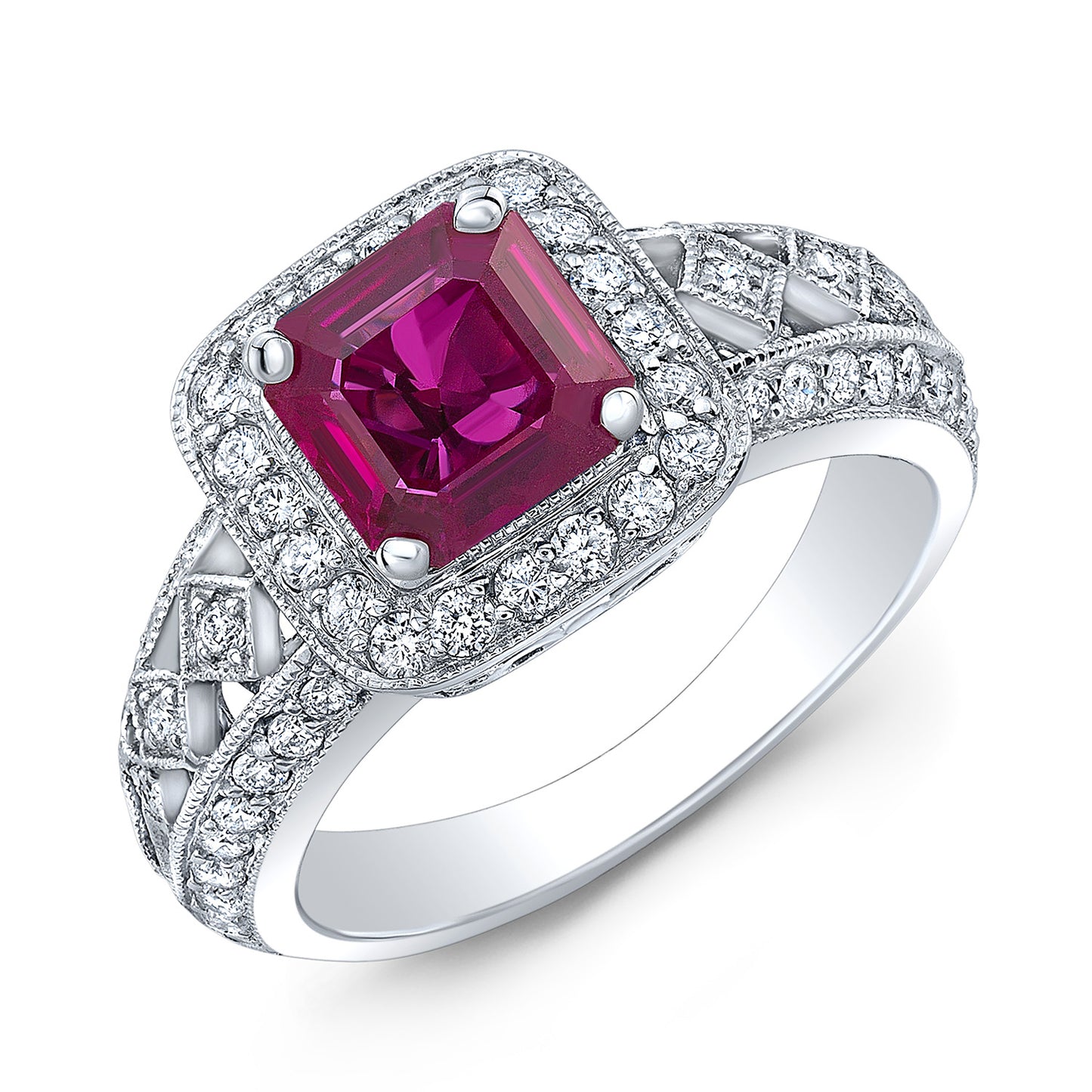 Ruby Ascher And Diamond Halo Ring 18k White Gold