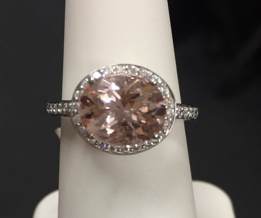 Morganite Oval & Diamond Ring In 18k White Gold