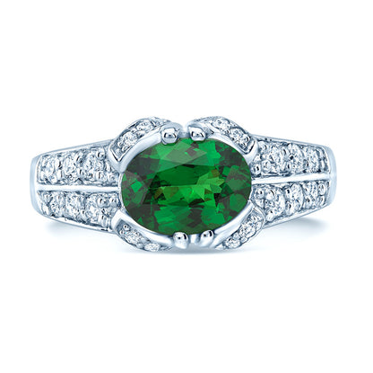 Tsavorite And Diamond Sideway Oval Double Row Shank Ring In 14k White Gold