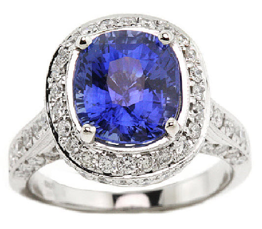 Sapphire And Diamond Cushion Halo Ring With Pave Shoulders And Gallery In 18k White Gold