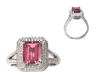 Pink Tourmaline Ring With Pave Diamond Halo & Split Shank In 18k White Gold
