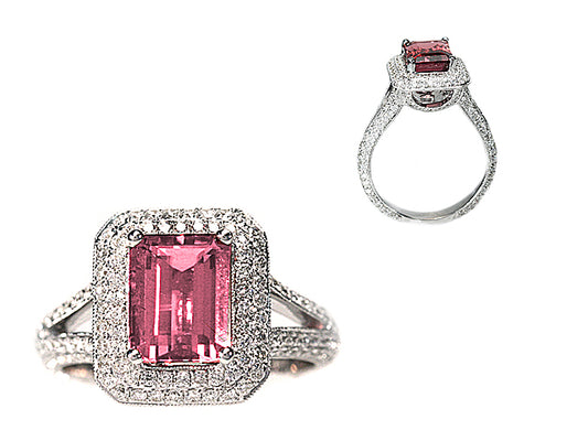 Pink Tourmaline Ring With Pave Diamond Halo & Split Shank In 18k White Gold