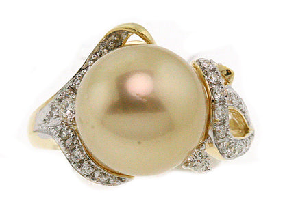 Golden South Sea Pearl And Diamond Ring In 18k Yellow Gold