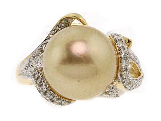 Golden South Sea Pearl And Diamond Ring In 18k Yellow Gold