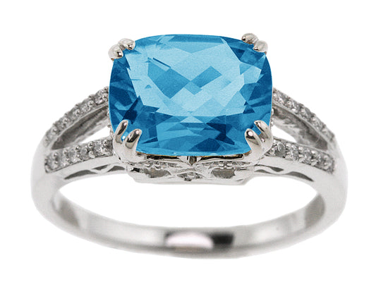 Blue Topaz Cushion & Diamond East/west Ring With Split Shank In 14k White Gold (10x8mm)