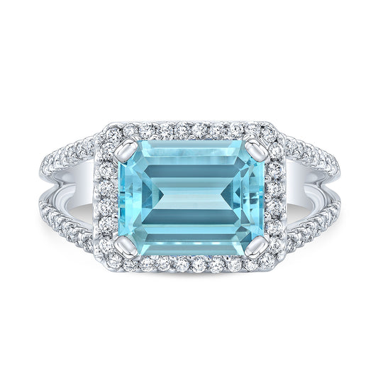 Aquamarine Octagon-cut And Diamond Halo Ring With Split Shank And East-west Setting In 18k White Gold