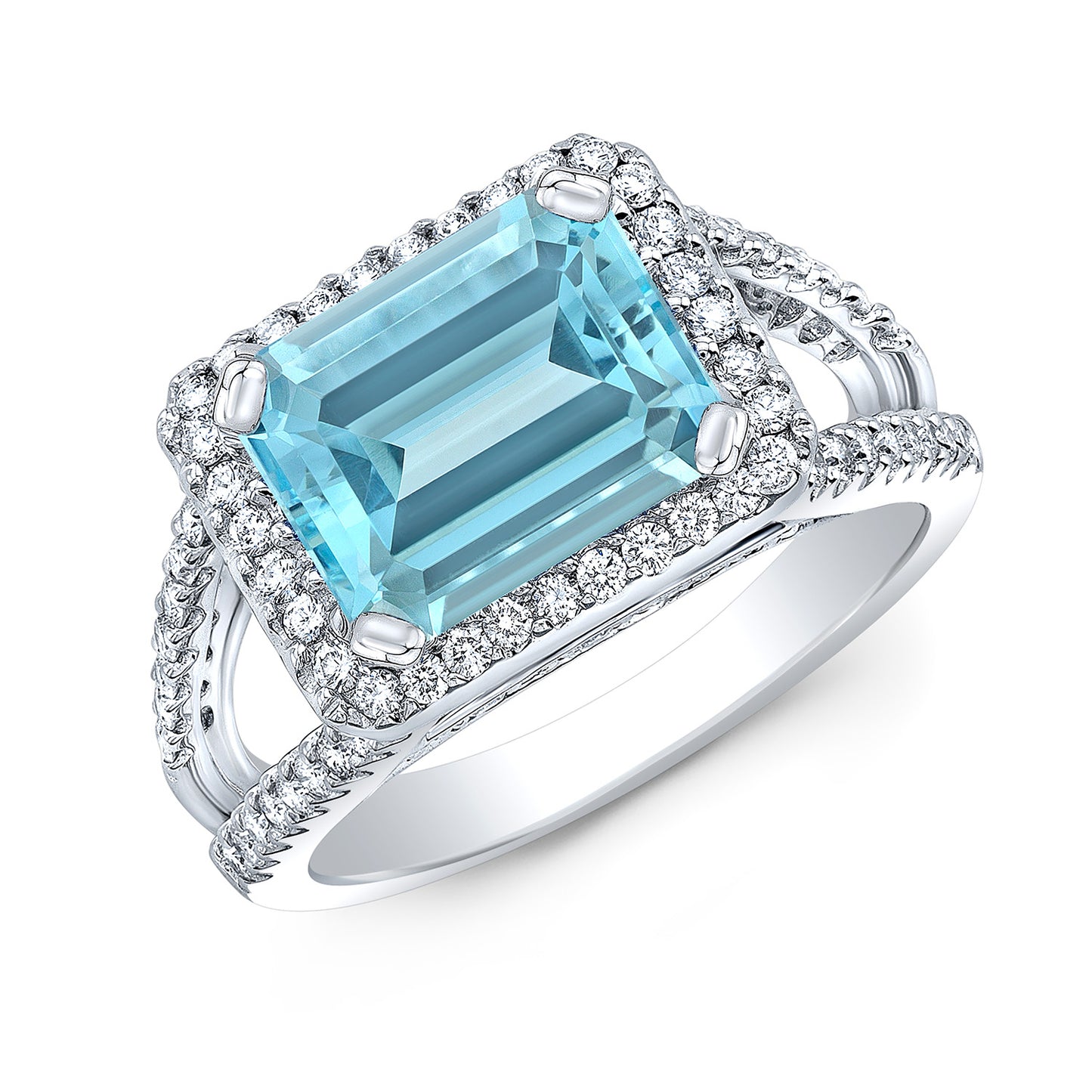 Aquamarine Octagon-cut And Diamond Halo Ring With Split Shank And East-west Setting In 18k White Gold