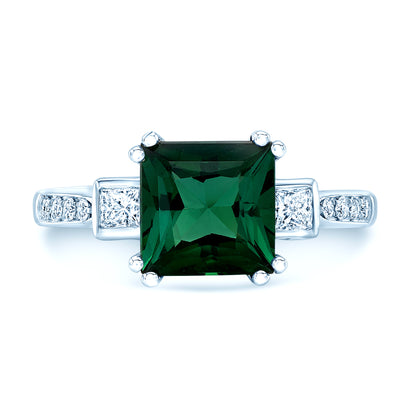 Green Tourmaline And Diamond Step Ring In 18k White Gold