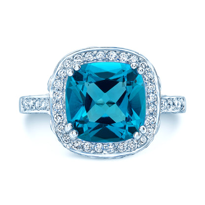 Swiss Blue Topaz Cushion Cut And Diamond Ring In 18k White Gold
