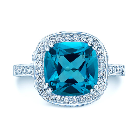 Swiss Blue Topaz Cushion Cut And Diamond Ring In 18k White Gold