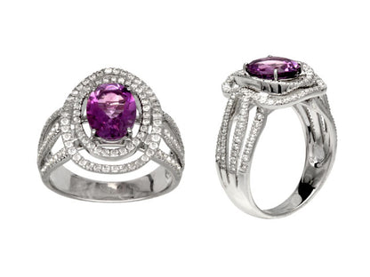14k White Gold Double Halo Amethyst & Diamond Ring