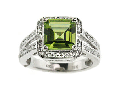 Peridot Emerald Cut And Diamond Ring In 18k White Gold (3/8 Ct. Tw.)