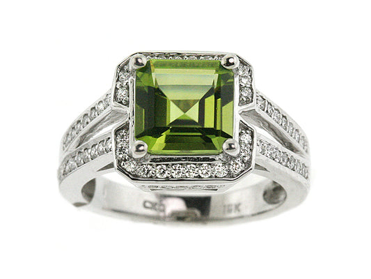 Peridot Emerald Cut And Diamond Ring In 18k White Gold (3/8 Ct. Tw.)