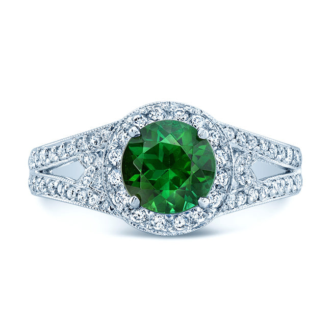Green Tourmaline And Diamond Halo Split Shank Chevron Ring In Platinum