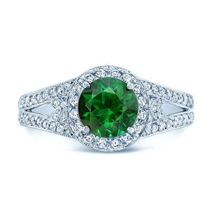 Green Tourmaline And Diamond Halo Split Shank Chevron Ring In Platinum
